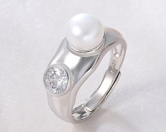 Luxury Sterling Silver Pearl Ring w/CZs, S925 Semi-mount Ring Base, Adjustable Pearl Ring Setting, Jewelry Supplies, Best Gift for Her