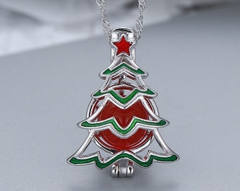 S925 Christams Tree Pendant, Openable Enamel Pearl Cage, Floating Locket, Sterling Silver Necklace, Best Gift for Her, Pearl Party Gifts