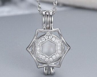 S925 Hexagram Pendant, Pearl Cage, Floating Locket, Sterling Silver Necklace, Best Gift for Her, Pearl Party Gifts