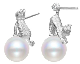 Sterling Silver Pearl Earrings, S925 Cute Cat Earrings, Semi-mount Earring Mount, Earrings Setting Blank Base, Jewelry DIY Supplies