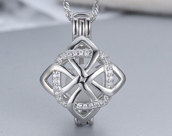 S925 Clover Pendant, Creative Pearl Cage, Floating Locket, Sterling Silver Necklace, Best Gift for Her, Pearl Party Gifts