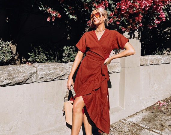 Rust Organic Cotton Wrap Dress - Boho Style