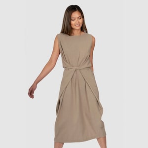 LUCY DRESS in Beige - Ethical Organic Cotton Wrap Midi Dress, Sustainable Adjustable Tie Dress, Eco-Friendly Minimalist Wardrobe Essential