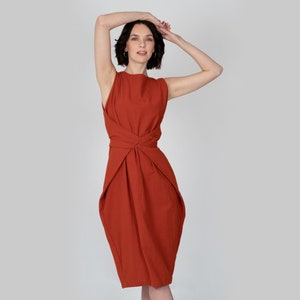 LUCY DRESS in Rust Organic Cotton Wrap Dress, Sustainable Midi Dress, Adjustable Tie, Eco-Friendly Wardrobe, Casual and Layered Looks