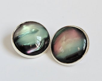 Black Aurora Cabochon Clip On Earrings | Silver Tone, Non Pierced