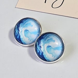 Blue Watercolour Clip On Earrings | Non Piercing Hinged Back Earrings | Handmade Cabochon Stud Earring | Lightweight Statement  Jewellery