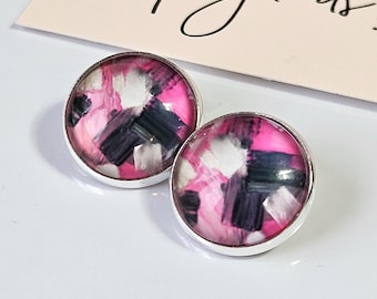 Abstrakcyjne kolczyki z klipsami w kształcie pociągnięć pędzla | Różowo-czarny kaboszon, niesznurowane, z zawiasami