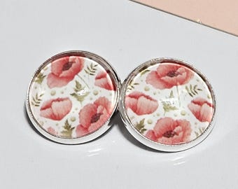 Pendientes de clip con diseño de amapola roja, de cobre plateado, para orejas sin perforar.