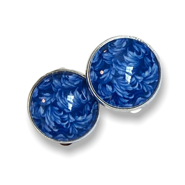 Royal Blue Non Pierced Earrings, Formal flat back womens earrings, Cabochon silver earrings, Unique unusual earrings clip-on earrings