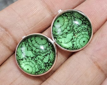 Green Flower Silver Clip On Earrings | Non Pierced Earrings | Handmade Cabochon Earrings | Statement Jewellery UK