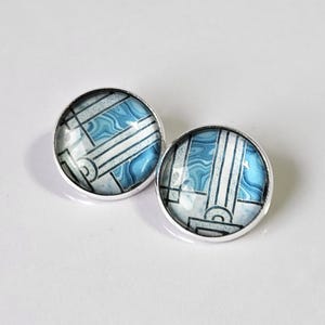 Hypoallergene silberne Clip-Ohrringe | Handgefertigte blaue Art-déco-Cabochon-Ohrringe | Ohrringe für nicht gestochene Ohren | Statement-Schmuck