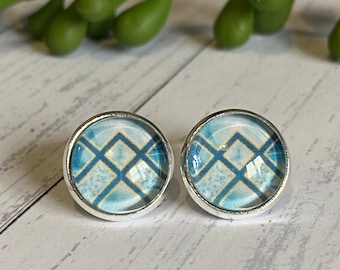 Blue Art Deco clip on earrings for women, clip-on non piercing silver and blue earrings, Unique style earrings