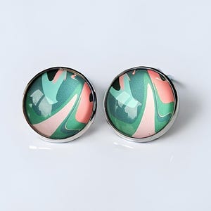 Pastel Patterned Clip On Earrings: Silver Tone Cabochon, Non-Pierced
