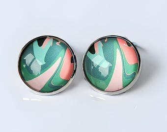 Hypoallergenic Pastel Patterned Clip On Earrings: Silver Tone Cabochon, Non-Pierced