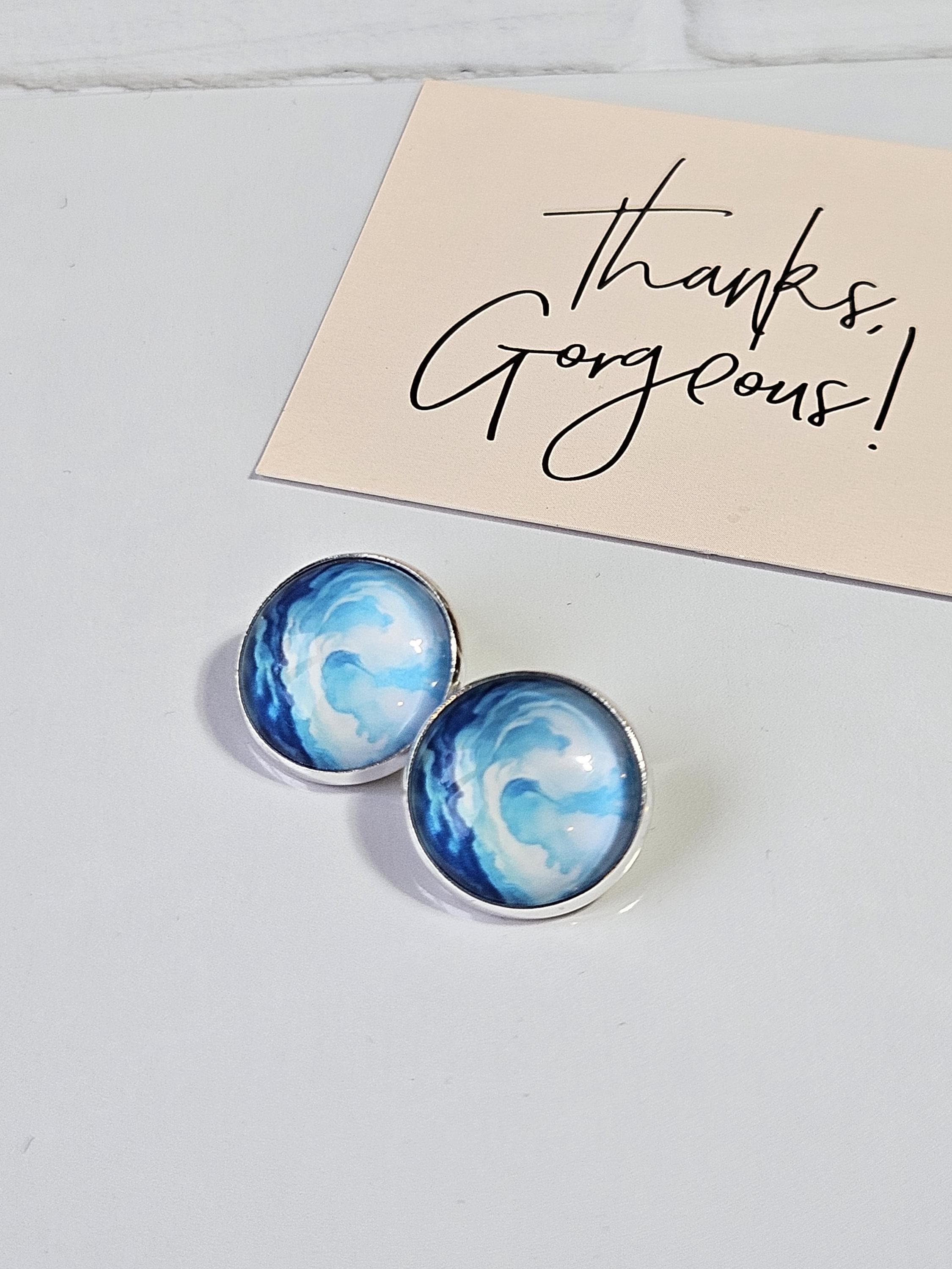 Hypoallergenic Blue Watercolour Clip On Earrings | Hinged Non-Pierced  Cabochon Studs