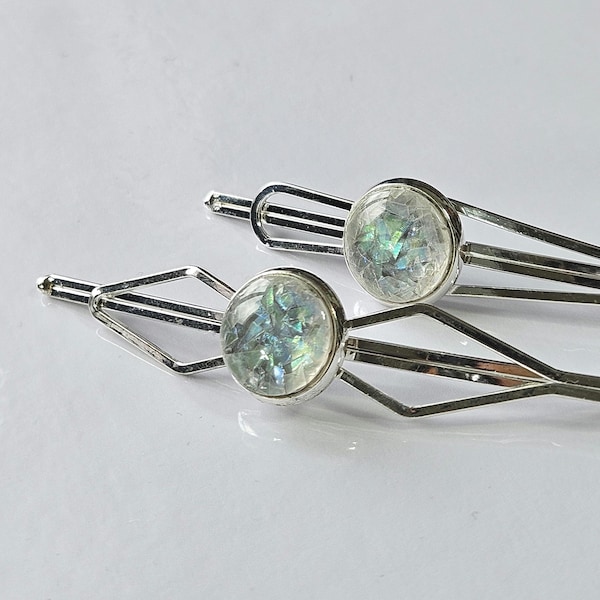 Iridescent Cabochon Hair Slides: Silver Hair Pins (Set of 2)