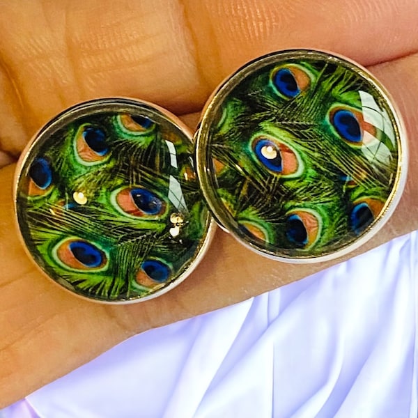 Peacock clip on Earrings for Women, Cabochon clip on Earrings Uk, Cute Clip on earrings silver, Cabochon earrings gift idea for women.