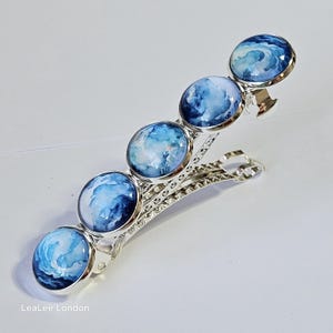 Blue Watercolor Cabochon French Barrette: Silver Hair Clip