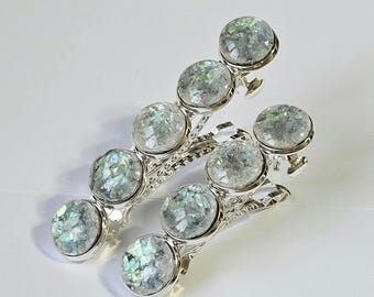 Iridescent Grey Marble Resin French Barrette: Silver Hair Clip