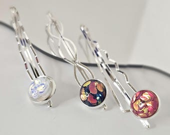 Horquillas con cabujón iridiscente: pasadores plateados para cabello grueso, juego de 3