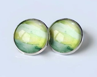 Green Paint Stroke Clip On Earrings | Lightweight Cabochon Statement Jewellery (16mm)