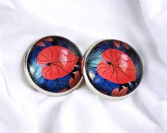 Clip on boho blue floral earrings for women, Cute unique vibrant earrings for non pierced ears
