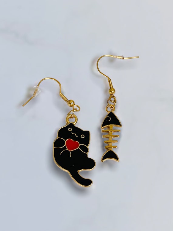 Cat Dangle Clip on Earrings Cute Cat Fish Animal Earrings. Fun