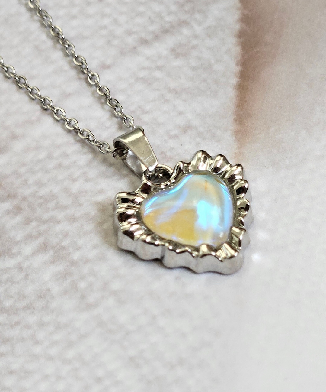 Silver Y2k Pink Opal Look Heart Necklaces, Womens Girls Silver Pink