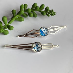 Bobby pin hair slides for women, Blue Bohemian cabochon Hair slides, hair clips, Hair accessory, Secure accessories for all hair types