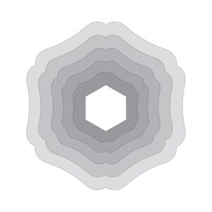 May include: An abstract design in shades of grey, resembling a stylized flower or snowflake. The design features a central hexagonal shape surrounded by concentric layers of varying shades of grey, creating a three-dimensional effect against a white background.
