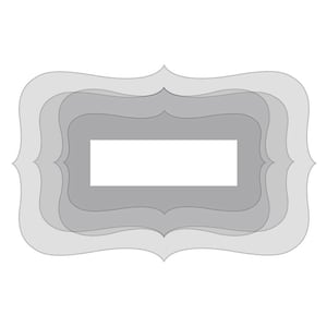 May include: A layered, gray-scale decorative frame with a white rectangular center. The frame has a scalloped edge design, with each layer slightly offset, creating a dimensional effect. The background is plain white.