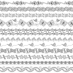 Puede incluir: Un conjunto de diez diseños de bordes florales y mariposas en blanco y negro. Los diseños son perfectos para agregar un toque de elegancia a cualquier proyecto.