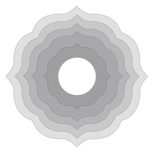 Może przedstawiać: Wzór mandali w kolorze szarym i białym z koncentrycznymi okręgami i kwiatowym wzorem.