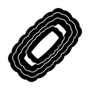 May include: Black and white illustration of a layered, decorative design with a central oval shape.