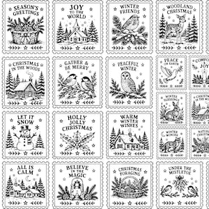 May include: A collection of black and white rectangular stickers featuring various holiday illustrations and text including Merry Christmas, Season's Greetings, Joy to the World, Winter Friends, Woodland Christmas, and Merry Little Christmas.