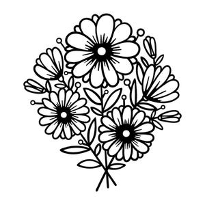 Puede incluir: Ilustración floral en blanco y negro que representa un ramo de flores y hojas estilizadas. El diseño incluye varias flores tipo margarita con pétalos detallados y centros oscuros, rodeadas de capullos y follaje más pequeños.