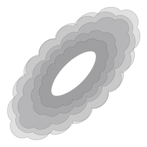 Może przedstawiać: Zestaw pięciu szarych, owalnych serwetek papierowych z falbankami. Serwetki są ułożone jedna na drugiej, tworząc efekt warstwowy.