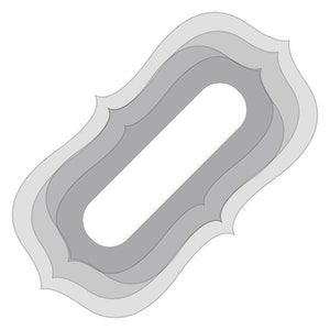 May include: A layered, gray, paper cut-out design in the shape of an oval. The design has a decorative, ornate border.
