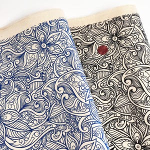 May include: Two rolls of off-white fabric featuring intricate floral and paisley patterns. One roll displays the design in deep blue ink, while the other features the same pattern in black ink. A small copper-colored coin rests on the black fabric.