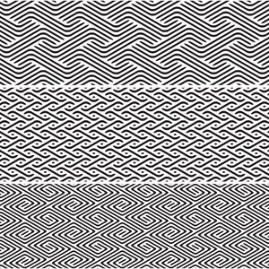 May include: Three black and white geometric patterns. The top pattern is a series of wavy lines. The middle pattern is a series of overlapping circles. The bottom pattern is a series of squares.