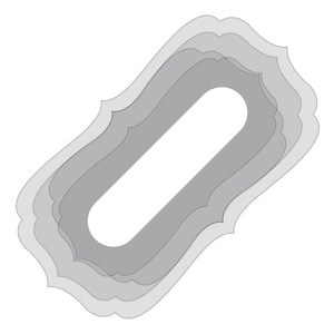 Może przedstawiać: Warstwowa, szara, owalna ramka z ozdobnym, falistym brzegiem. Ramka jest przeznaczona do użycia jako element dekoracyjny do rękodzieła, scrapbookingu lub innych projektów kreatywnych.