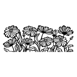 May include: Black and white line art illustration of a cluster of daisies with stems and leaves.