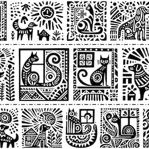 Może przedstawiać: Czarno-biały geometryczny wydruk artystyczny przedstawiający stylizowane koty, psy, słońca i domy. Projekt składa się z różnych kształtów i wzorów, tworząc estetykę sztuki ludowej. Grafika jest ułożona w wzór siatki.