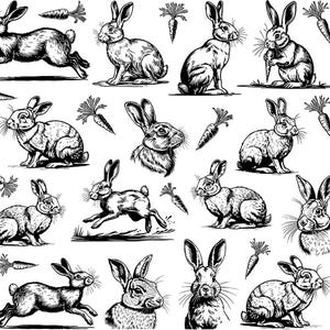 Może przedstawiać: Czarno-biała ilustracja królików i marchewek. Obraz przedstawia różne pozy królików, w tym stojące, biegnące i siedzące. Marchewki są również rozrzucone po całym projekcie. Idealny do projektów wielkanocnych lub wiosennych.