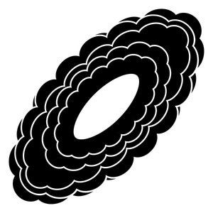 Può includere: Illustrazione in bianco e nero di una forma di nuvola stilizzata con un ovale arrotondato al centro.