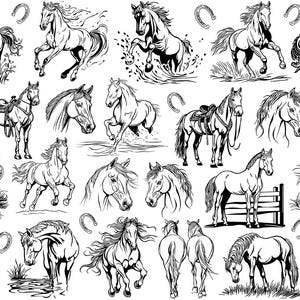 Puede incluir: Ilustraciones en blanco y negro de caballos en diversas poses: corriendo, encabritados y pastando. Algunos están ensillados, con herraduras dispersas. Ideal para diseños temáticos ecuestres.