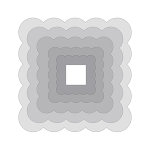 Może przedstawiać: Wielowarstwowy, kwadratowy wzór z falistymi krawędziami. Projekt przedstawia serię zagnieżdżonych kwadratów w różnych odcieniach szarości, tworząc efekt gradientu. Środek projektu to biały kwadrat.