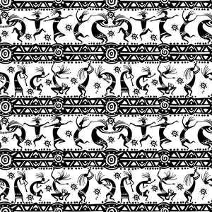 May include: A black and white seamless pattern featuring stylised figures of people dancing. The figures are surrounded by geometric shapes and designs. The pattern is repeated throughout the image.