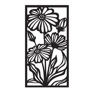 May include: Black and white silhouette of a floral design with three flowers and leaves inside a rectangular frame.