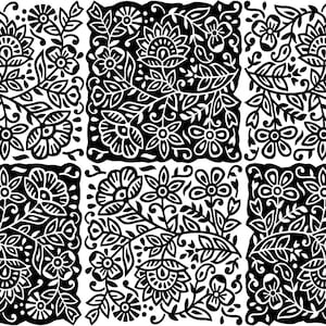 May include: Black and white floral pattern with a repeating design of stylised flowers and leaves. The pattern is divided into six squares.